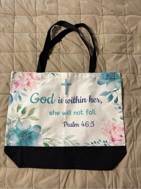 Floral Scripture Canvas Tote Bag - God is Within Her (Teal & Pink)